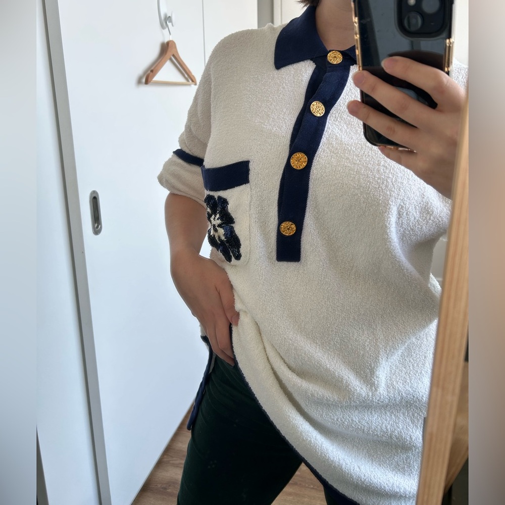 Vintage Escada White & Navy Terry Sequin Collar Button Up Long Sleeve Polo - Picture 16 of 16